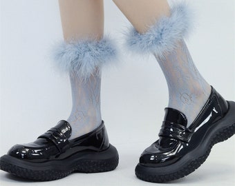 Feather Trim Lace Socks | Y2K Sheer Nylon, Pastel Blue