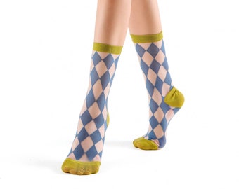 Cleo Argyle Sheer Crew Sock | Blue/Green
