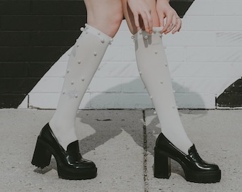 Naomi Pearl Stud Embellished Knee-High Sock | White