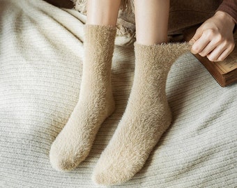 Polly Fuzzy Crew Sock | Beige | House Cozy Socks