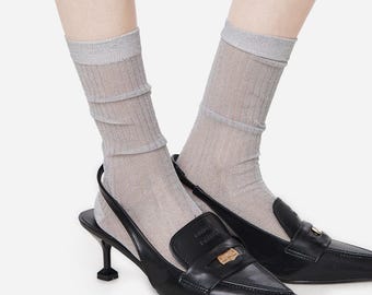Brooke Metallic Shimmer Semi-Sheer Crew Socks | Silver | Glitter Sock