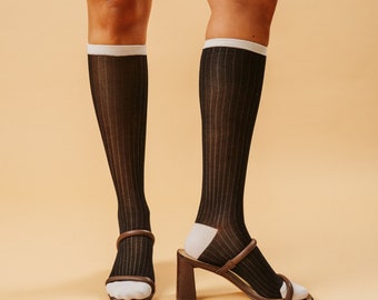 Camellia Striped Ribbed Semi-Sheer Mid-High Women Sock | Black