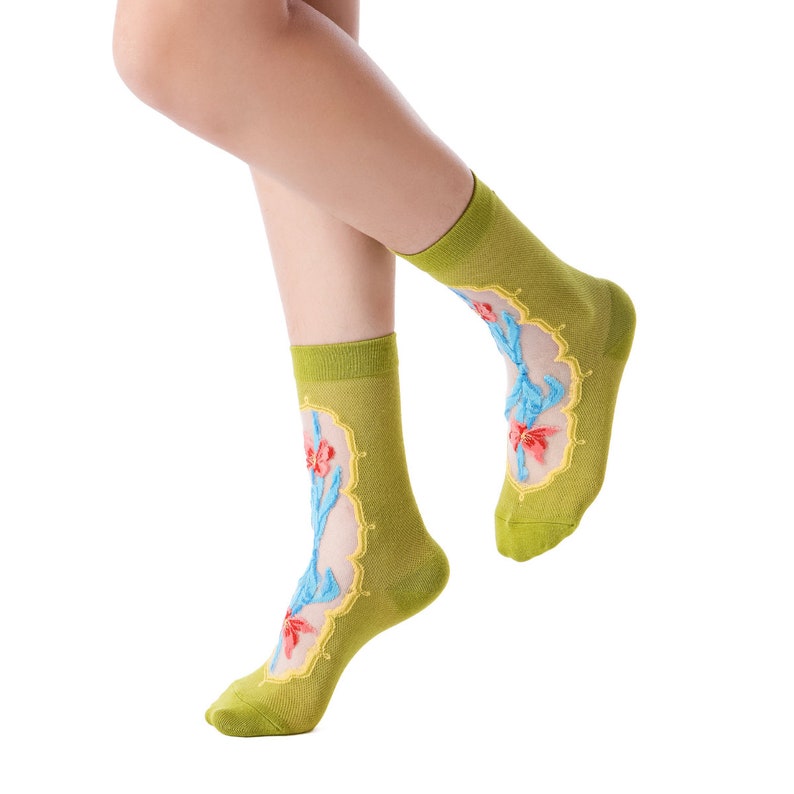 La Fleur Sheer Floral Jacquard Mesh Crew Sock Irises Limited Edition Gift for Her image 6