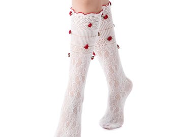 White Lace Crew Socks with 3D Rose Buds | Lettuce Edge Nylon