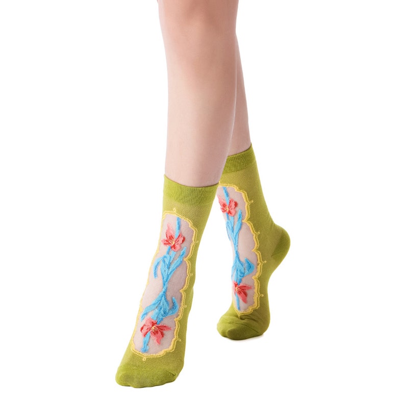 La Fleur Sheer Floral Jacquard Mesh Crew Sock Irises Limited Edition Gift for Her image 5