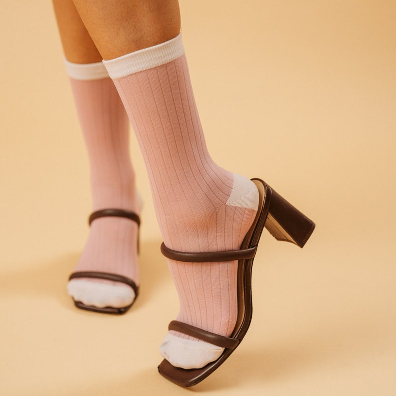 Camellia Striped Ribbed Semi-Sheer Ankle Women Sock Pink image 1