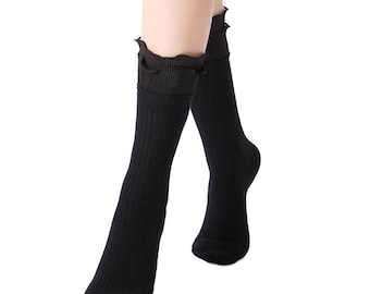Sophia Layered Lettuce Edge Crew Sock| Black
