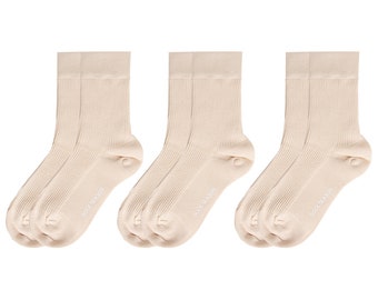 Ash Essential Ribbed Crew Sock 3-Pack Bundle | Beige Women Essential Socks | Solid Color Socks | Australian Cotton Socks