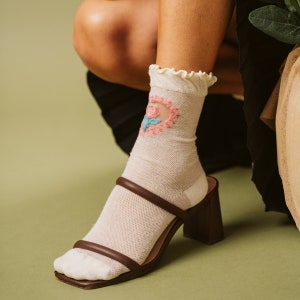 La Fleur Sheer Floral Jacquard Mesh Crew Sock Rose Limited Edition Gift for Her image 2