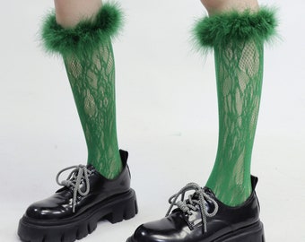 Destiny Feather Trim Lace Socks | Womens Crew Y2K Sock | Sheer Nylon | Green | Lolita Socks | Gift for Her