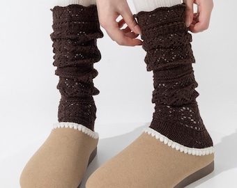 Willow Lace Chunky Knit Wool Blend Slouch Crew Socks | Brown