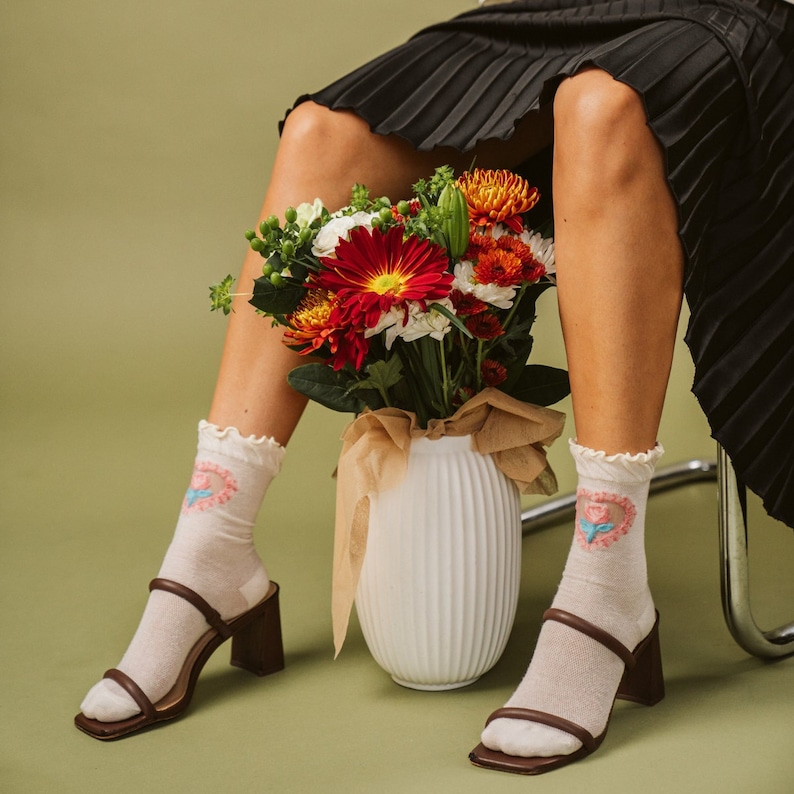 La Fleur Sheer Floral Jacquard Mesh Crew Sock Rose Limited Edition Gift for Her image 1