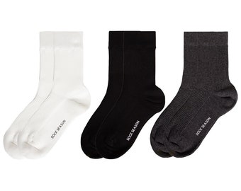 Ash Essential Ribbed Crew Sock 3-Pack Bundle | Monochrome White, Grey, Black Women Essential Socks | Solid Color Socks | Australian Cotton