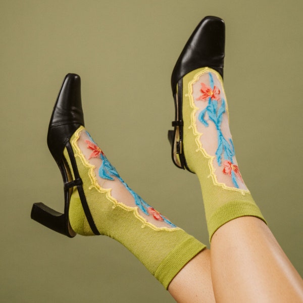 La Fleur Sheer Floral Jacquard Mesh Crew Sock | Irises | Limited Edition | Gift for Her