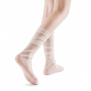 Olivia Slouch Sheer Tulle Crew Sock Ivory Women's Sock Gift for her image 4