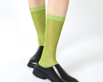 Brooke Metallic Shimmer Semi-Sheer Crew Socks | Green | Glitter Sock