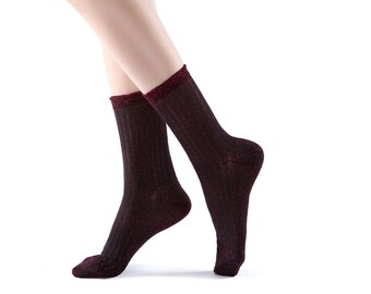 Aliyah Scallop Sparkle Crew Sock | Red, Glitter Sock, Handmade