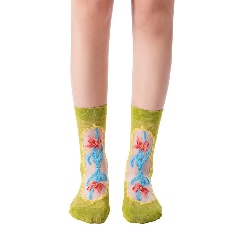 La Fleur Sheer Floral Jacquard Mesh Crew Sock Irises Limited Edition Gift for Her image 7