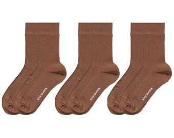 Ash Essential Ribbed Crew Sock 3-Pack Bundle | Mocha Light Brown Women Essential Socks | Solid Color Socks | Australian Cotton Socks