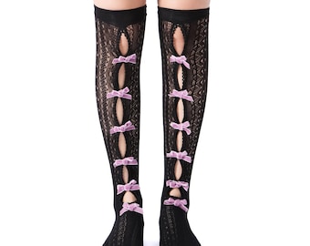 Quinn Ribbon Lace Cutout Over the Knee Sock | Black/purple
