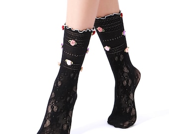 Black Lace Socks with 3D Rose Buds | Lettuce Edge Trim