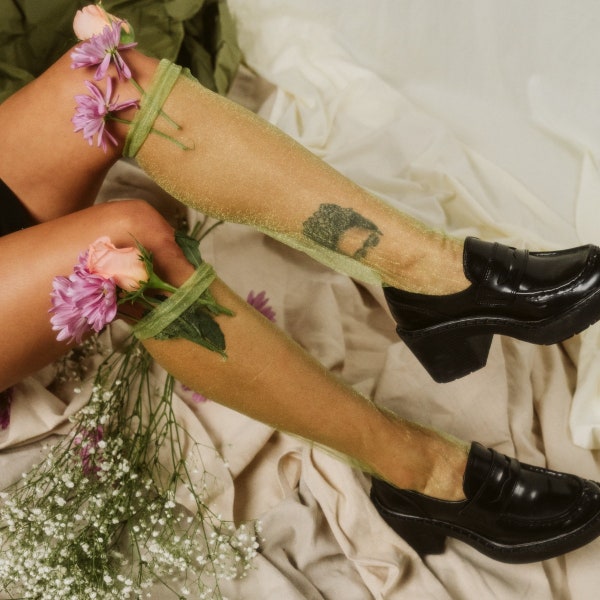 Olivia Slouch Sheer Tulle Crew Sock | Green | Women's Sock | Gift for her