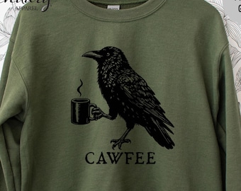 Cawfee Crow Raven Shirt, Coffee Lover Vneck, Long Sleeve, Sweatshirt