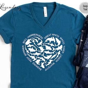 Shark Heart VNeck Shirt Ocean Lover Shirt Nature Documentary Gift For Shark Lover Hammerhead Maco TShirt Great White Shark Vneck TShirt