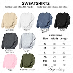 a collection of different colored sweatshirts, each with a corresponding size and width length listed below it.