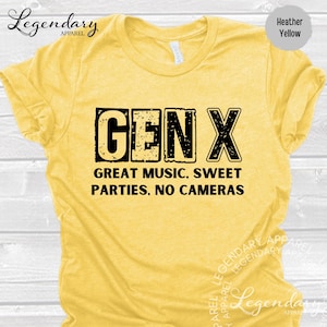 A yellow t-shirt with the text "GENX" printed on it, along with the text "GREAT MUSIC. SWEET PARTIES. NO CAMERAS" below it.