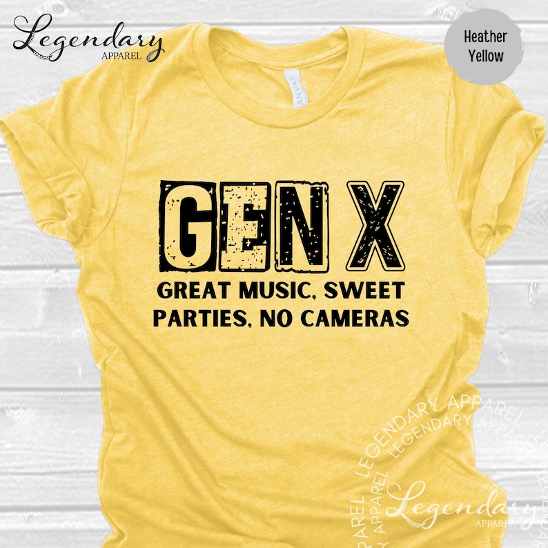 A yellow t-shirt with the text "GENX" printed on it, along with the text "GREAT MUSIC. SWEET PARTIES. NO CAMERAS" below it.