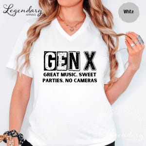 A woman wearing a white t-shirt with the text "GENX" printed on it, along with the text "GREAT MUSIC. SWEET PARTIES. NO CAMERAS" printed below.