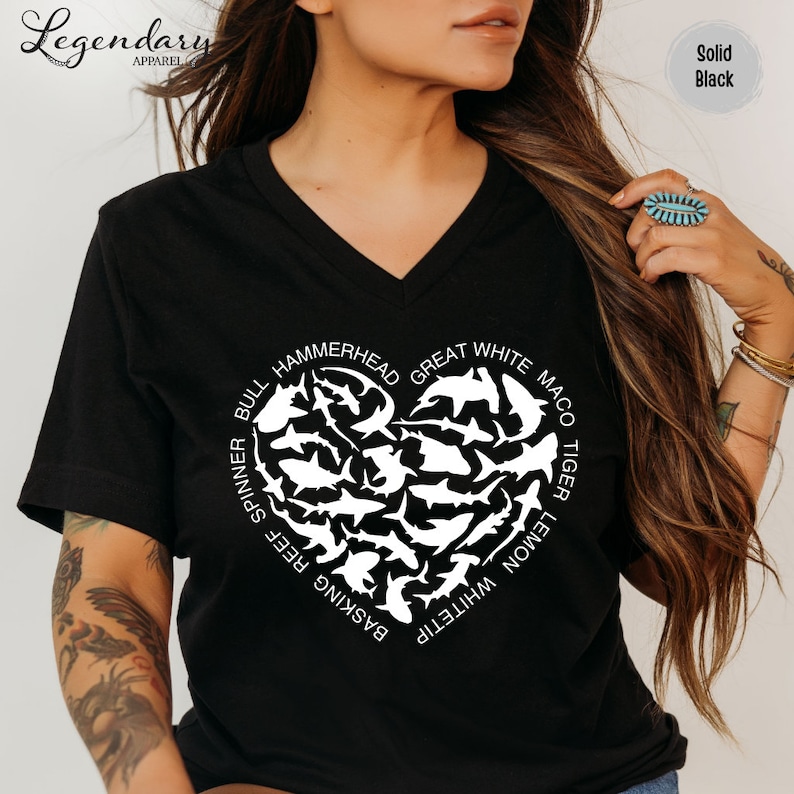 Shark Heart VNeck Shirt Ocean Lover Shirt Nature Documentary Gift For Shark Lover Hammerhead Maco TShirt Great White Shark Vneck TShirt