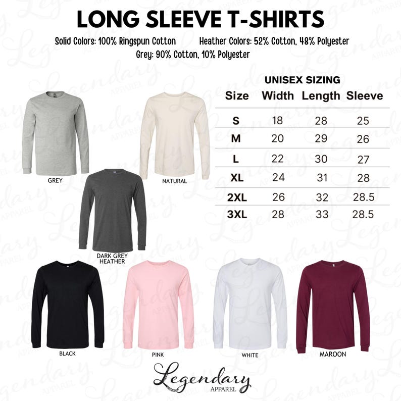 a collection of long sleeve t-shirts in various solid colors, including grey, black, pink, white, and maroon, along with their corresponding sizes and styles.