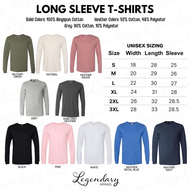 a collection of long sleeve t-shirts in various solid colors, including military green, natural grey, pink, and navy blue. The t-shirts are labeled with their respective sizes and styles, such as M, L, XL, and 2XL, as well as their materials like cotton and polyester. The image is a collage of multiple images showcasing the different t-shirt designs and sizes.