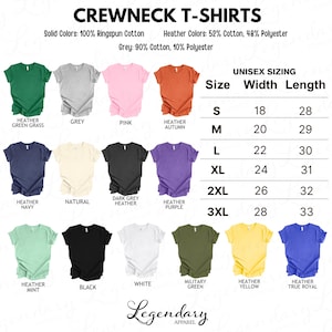 a collection of crew neck t-shirts in various solid colors, including green, grey, pink, orange, and purple, along with their corresponding sizes and widths.