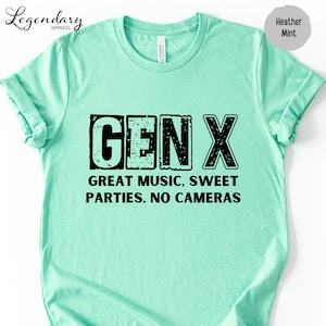 A mint green t-shirt with the text "GENX" printed on it.
