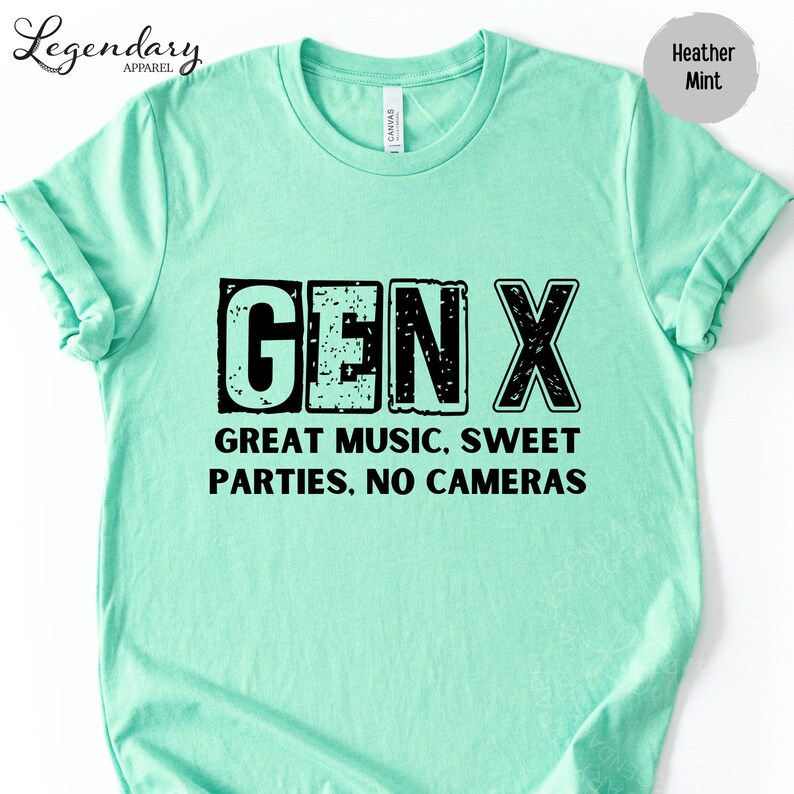 A mint green t-shirt with the text "GENX" printed on it.