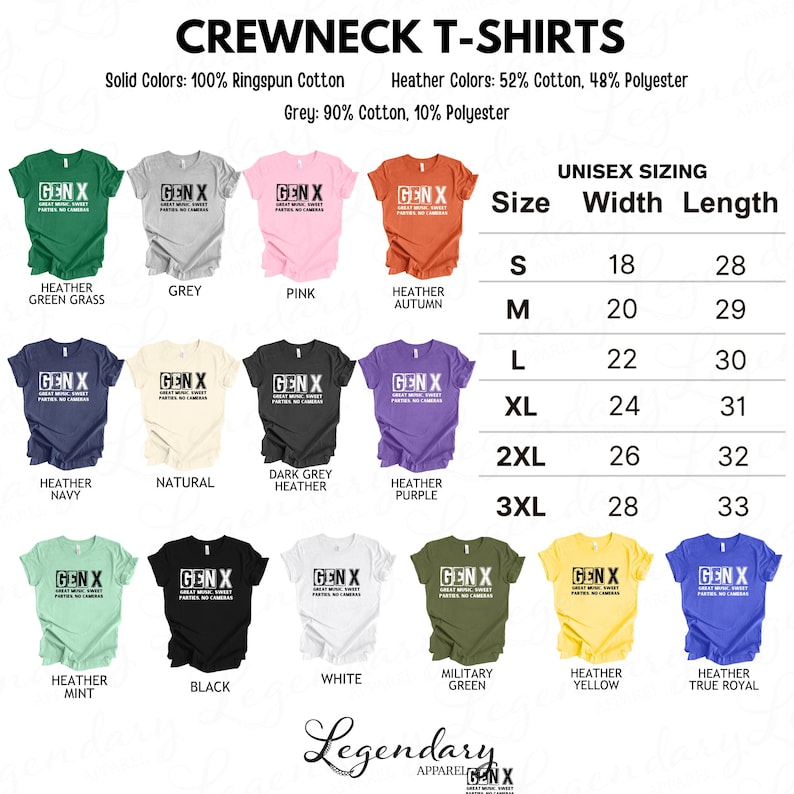 a collection of crew neck t-shirts in various solid colors, including green, pink, orange, and grey, as well as crew neck styles in different sizes.