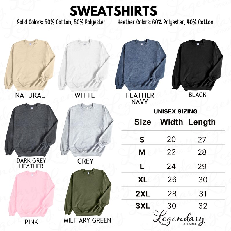 a collection of different colored sweatshirts, each with a corresponding size and width length listed below it.