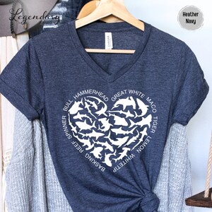 Shark Heart VNeck Shirt Ocean Lover Shirt Nature Documentary Gift For Shark Lover Hammerhead Maco TShirt Great White Shark Vneck TShirt