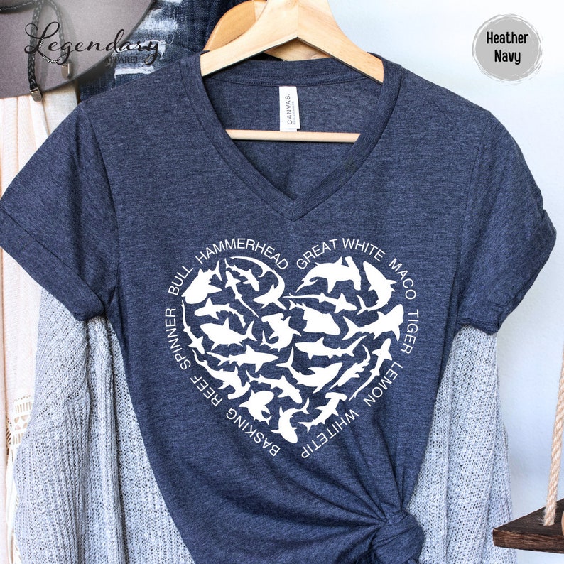 Shark Heart VNeck Shirt Ocean Lover Shirt Nature Documentary Gift For Shark Lover Hammerhead Maco TShirt Great White Shark Vneck TShirt
