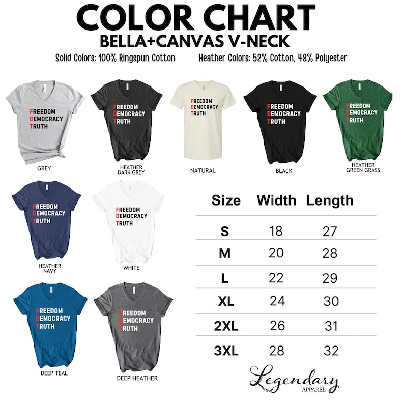 Op de afbeelding: Kleurenkaart voor Bella+Canvas V-hals T-shirts. Effen kleuren zijn 100% Ringspun Katoen en Heather kleuren zijn 52% Katoen, 48% Polyester. Shirts zijn verkrijgbaar in verschillende kleuren met de tekst "FREEDOM DEMOCRACY TRUTH". Maattabel inbegrepen.