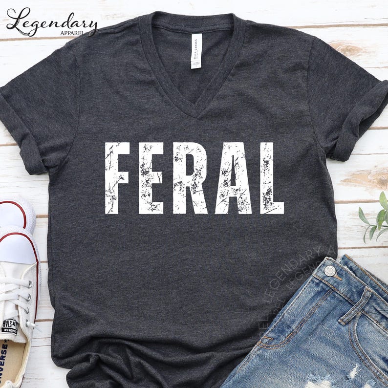 a gray t-shirt with the word "FERAL" printed on it, along with a pair of jeans and a pair of sneakers.