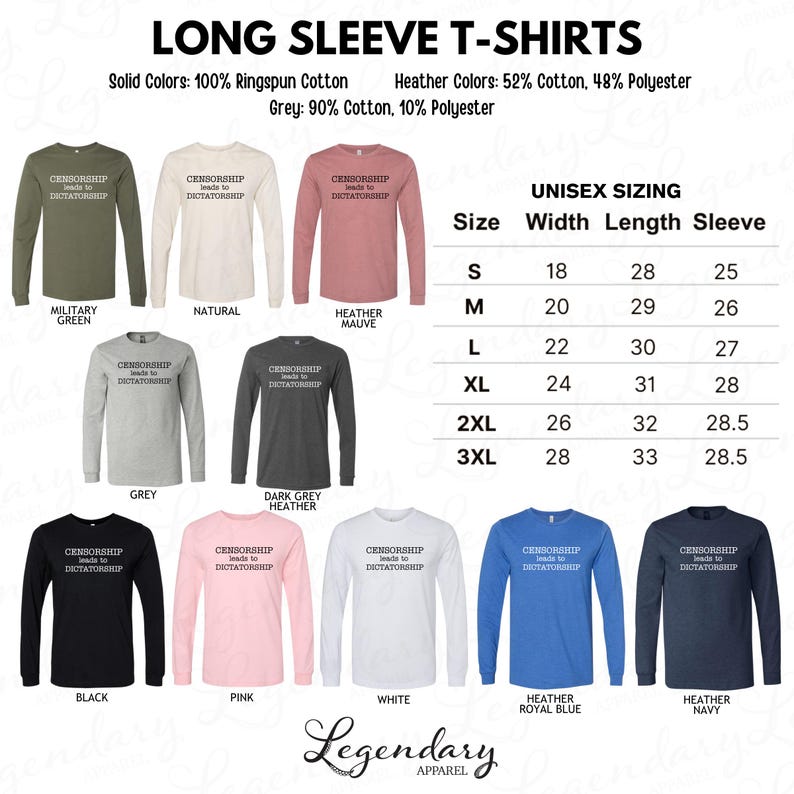 a collection of long sleeve t-shirts in various solid colors, including grey, black, pink, white, and navy blue. The t-shirts are labeled with different slogans and slogans are available in different sizes, including M, L, XL, and 2XL. The image also includes a table with size and color information for the t-shirts.