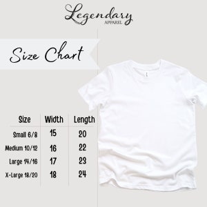 May include: Size chart for t-shirts with measurements in inches for width and length. Sizes include Small 6/8, Medium 10/12, Large 14/16, and X-Large 18/20.
