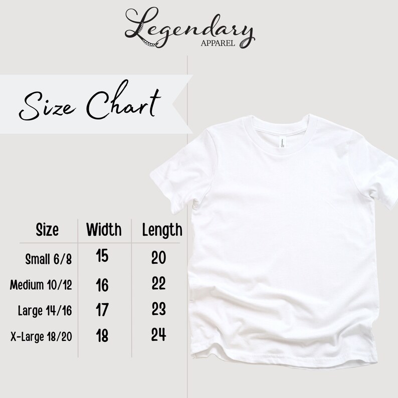 May include: Size chart for t-shirts with measurements in inches for width and length. Sizes include Small 6/8, Medium 10/12, Large 14/16, and X-Large 18/20.