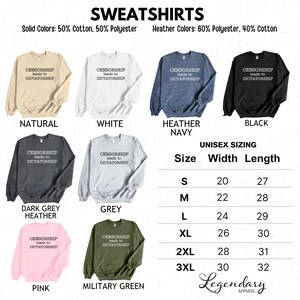 a collection of sweatshirts in various solid colors, sizes, and styles, including natural, white, navy, black, and pink. The sweatshirts are labeled with different slogans and are organized in a grid format.