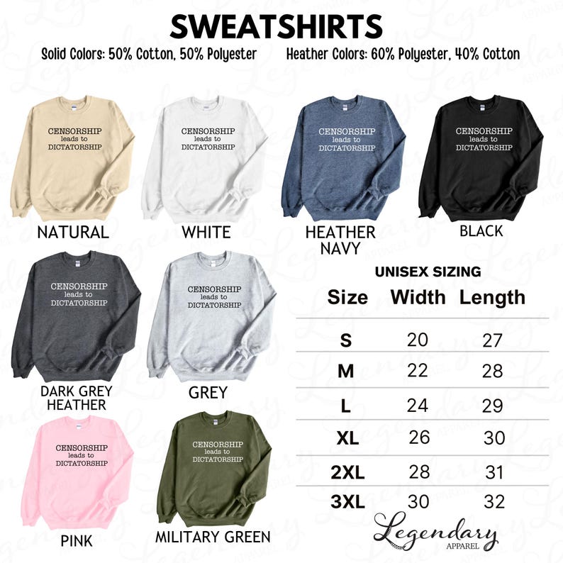 a collection of sweatshirts in various solid colors, sizes, and styles, including natural, white, navy, black, and pink. The sweatshirts are labeled with different slogans and are organized in a grid format.