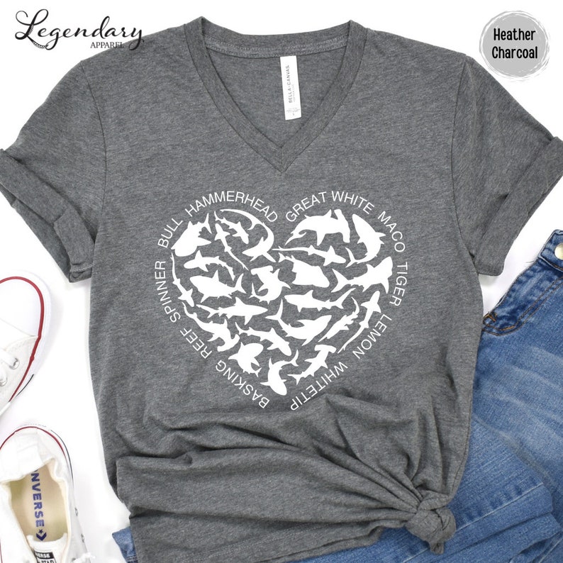 Shark Heart VNeck Shirt Ocean Lover Shirt Nature Documentary Gift For Shark Lover Hammerhead Maco TShirt Great White Shark Vneck TShirt